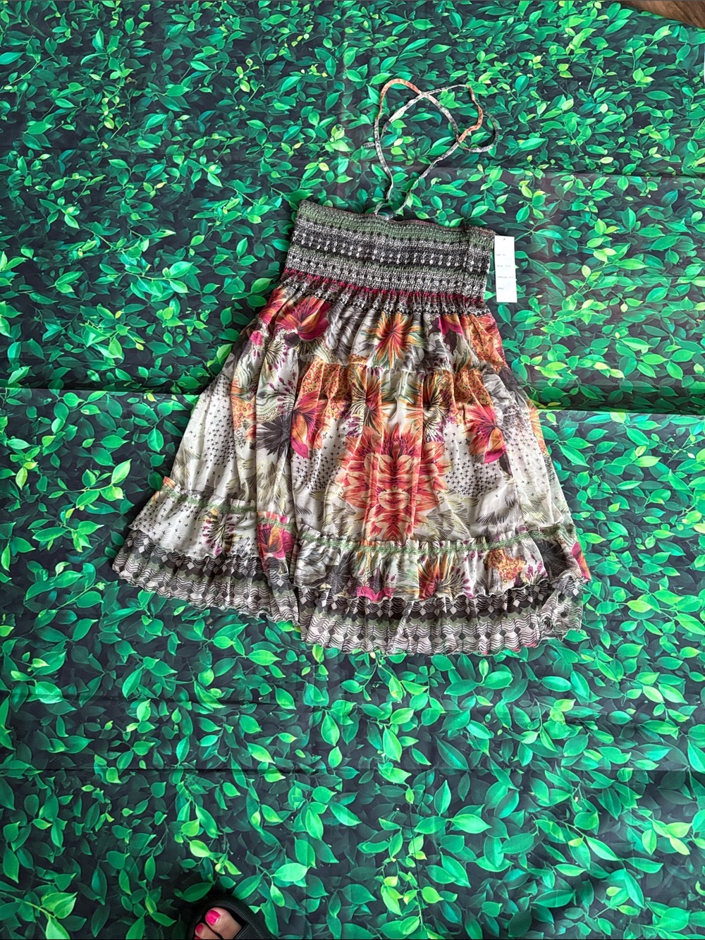 Lapis Floral Tiered Strapless Mini Dress in Green, Pink, Orange - Picture 2 of 3